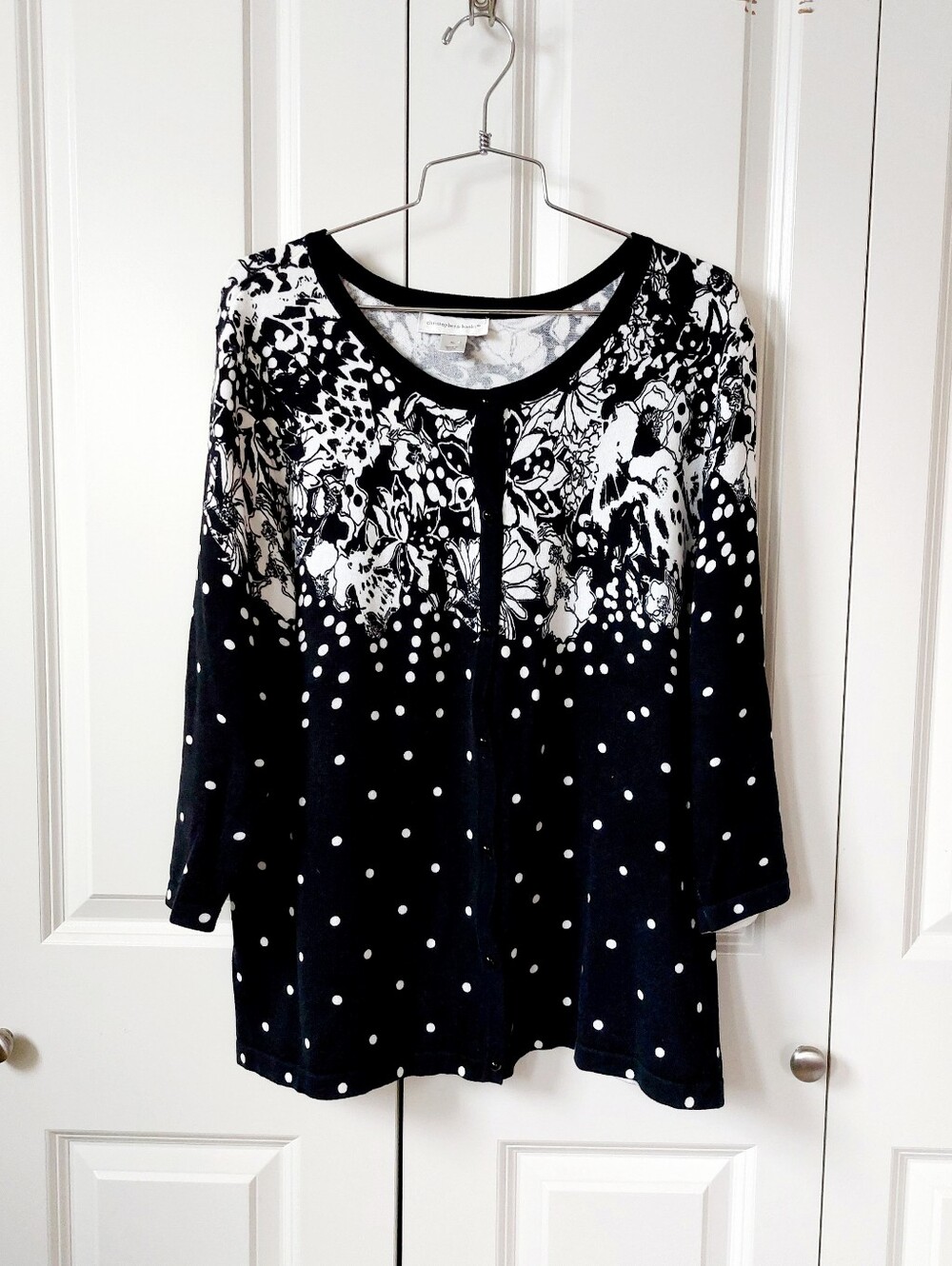 Black & White Floral Polka Dot Cardigan Sweater XL Christopher & Banks Cottageco